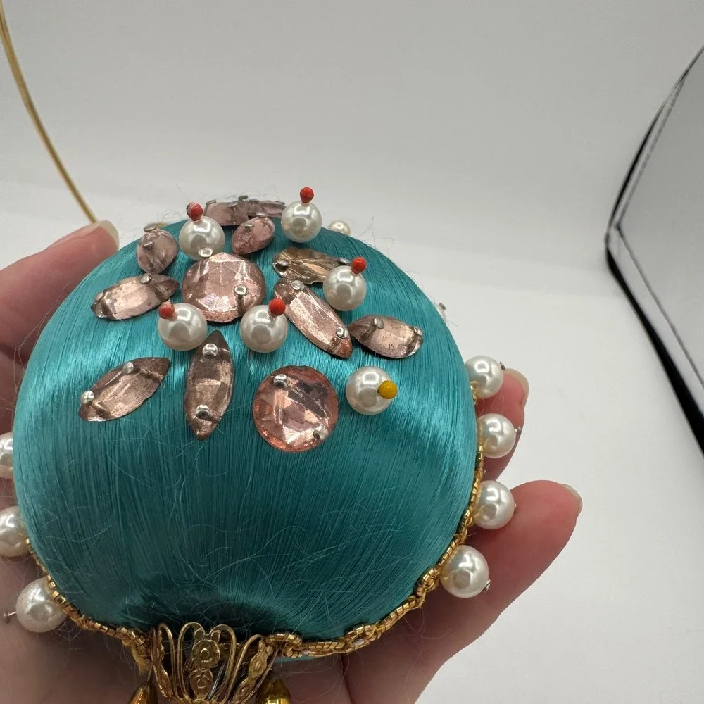 Vintage Teal Satin Beaded Christmas Ornaments Faux Pearl Gold Leaf Set of 2